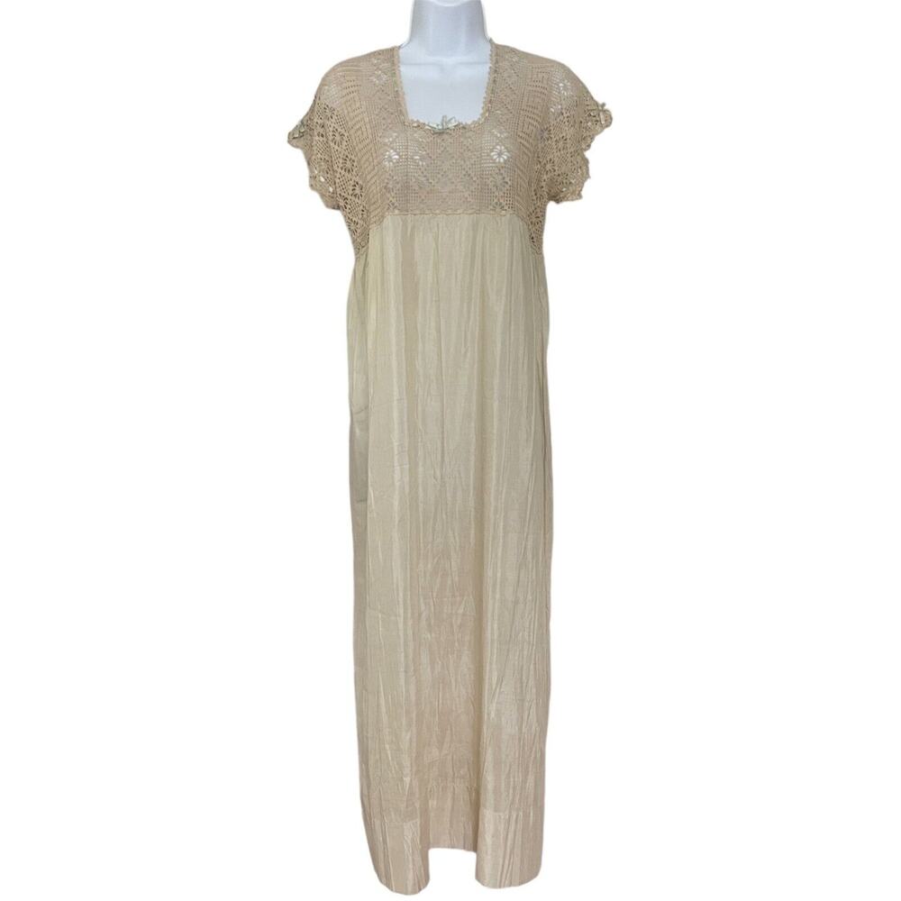 Vintage 1920’s Crochet Lace Cotton Batiste Sand Beige Edwardian Prairie Dress S